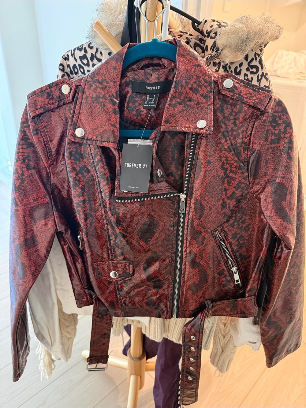 Forever 21 Burgundy Snake-Print Moto Jacket